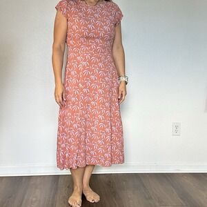 Bohme Floral Short Sleeve Midi Dress Size Medium Coral‎ Orange Lightweight Smock